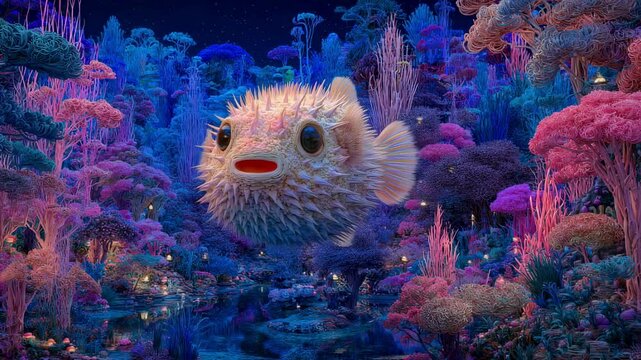 Surreal Underwater Scene with a Puffy Fish in a Vibrant Coral Reef