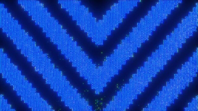 4K Seamless loop of animated blue chevron pattern with pixelated CRT texture, retro glitch distortion and digital scanlines for motion graphics overlay, screen mode, electronic design tech aesthetic