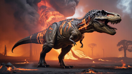 Tyrannosaurus Rex Roaring Amidst Volcanic Eruption and Fiery Landscape