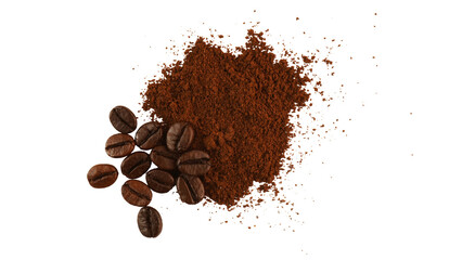 Pile of powdered, instant coffee and beans isolated on white, top view
