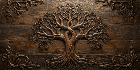 Ornate wooden carving of a tree with intricate branches and roots on a rustic wooden background.