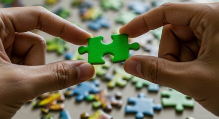 Two hands carefully connect a green jigsaw puzzle piece above a blurred background of other puzzle pieces