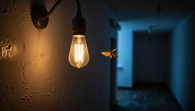 Moth flying near incandescent light bulb in dark hallway - Powered by Adobe