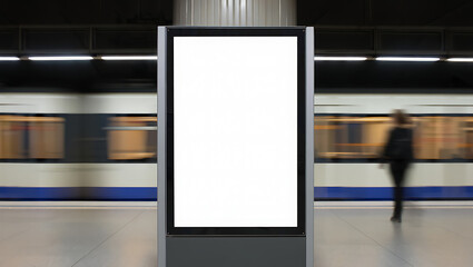 Blank Advertisement Billboard Mockup At Subway Station With Motion Blurred Train