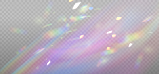 Iridescent crystal leak glare reflection effect overlay. Optical rainbow ray lights, glare, leak, streak overlay. Vector colorful lenses and light flares with transparent effects on light background.