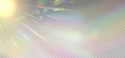 Iridescent sun light flares with transparent sparkle effects. Angular crystal glare lenses reflection effect. Optical rainbow lights, glare, leak, streak overlay. Sparkling vector.