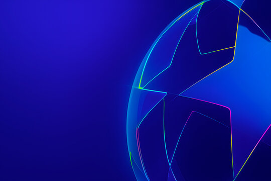 Fondo 3D inspirado en los visuales de la UEFA Champions League con luces brillantes, degradados azul profundo y efectos de focos, ideal para gráficos de fútbol y presentaciones deportivas