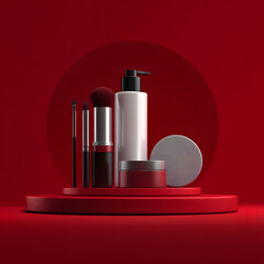 Minimalist Red Beauty Product Display Cosmetics and Makeup Brushes on a Red Background