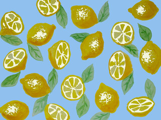 Drawn lemon background. Cartoon summer fruit slice, half sliced ​​lemons, fresh green leaves. Yellow lemons on blue background
