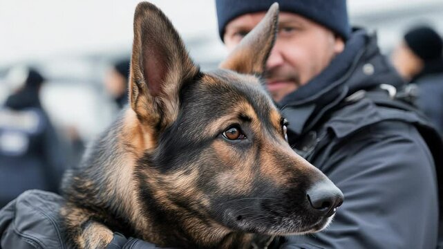 Alert german shepherd with handler outdoors in sequence of observation and focused attention