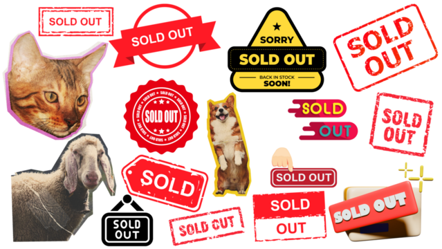 Various Sold Out Signs and Stickers with Dogs and Cats Illustrations