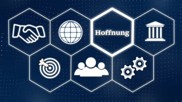A Hope "Hoffnung" button in German on a futuristic  ,Blue wave digital data flow. Seamless loop technology network background concept .
