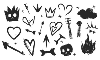 Grunge Doodle Elements Silhouette Set. Hearts, Arrows, Crowns, And Skulls For Creative Design. Isolated Vector Illustration Collection