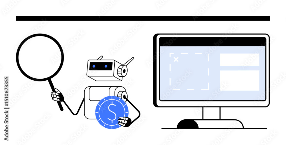 Poster robot holding magnifying glass and coin near computer screen displaying interface layout. ideal for 