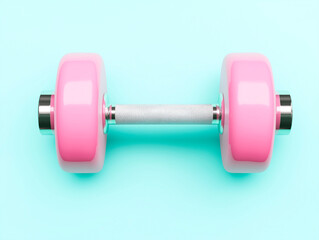 Obraz premium Pink dumbbell on a turquoise background.