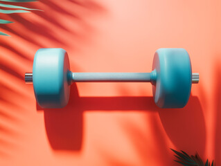 Obraz premium Blue dumbbell on a coral pink background. Minimalist fitness concept. 