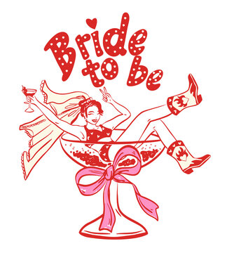 Cowgirl Bride in Martini drink glass, Whimsical Western Bachelorette girl illustration, Last rodeo, Line art hen party girl in cocktail glass illustration for Bachelorette T-shirts and invites