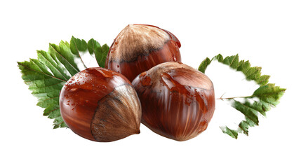Fresh hazelnuts with glossy shells arranged aesthetically on transparent background

