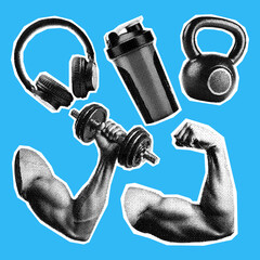 Plakat gym elements collection, fitness objects, dumbbell, kettlebell, biceps, protein shaker, headphones, set of retro halftone effect elements, bodybuilding design