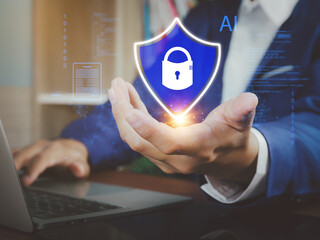 Cyber ​​security shield icon showing businessman hand. Concept of secure access, personal data authentication, AI technology protection in business confidentiality.