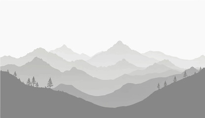 abstract a minimalist vector illustration of layered mountain ranges in grayscale. The design should feature soft gradients and overlapping silhouettes to convey depth, with the closest mountains 