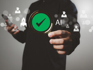 Human resource management, employee search, through a magnifying glass, employee recruitment process, job interviews, hiring through AI technology assistance in selecting job applicants