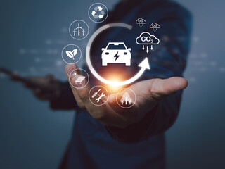 EV technology, the use of natural energy, renewable energy that is environmentally friendly, solar cells or wind turbines, the campaign for the electric vehicle industry