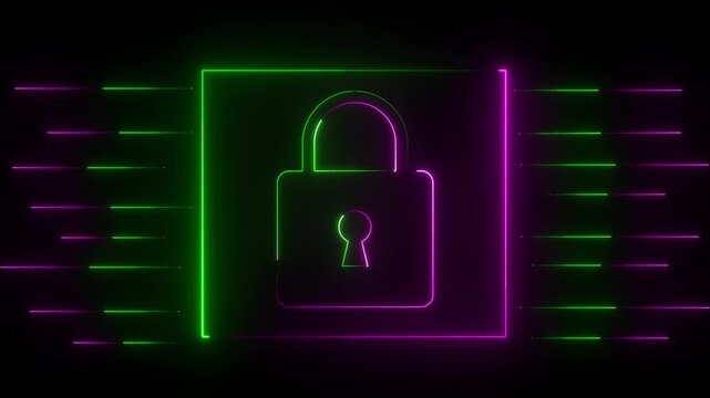 Neon Padlock Icon Representing Cybersecurity, Data Protection, Network Security, Privacy Shield, and Digital Safety on a black background.