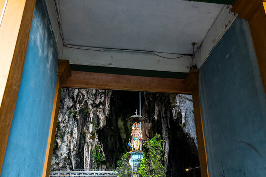Framed view of statue from temple, Batu Caves, Kuala Lumpur