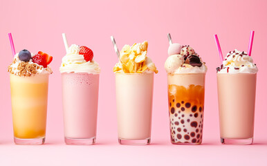 Colorful milkshakes and bubble tea drinks with whipped cream, fruits, and sprinkles.
