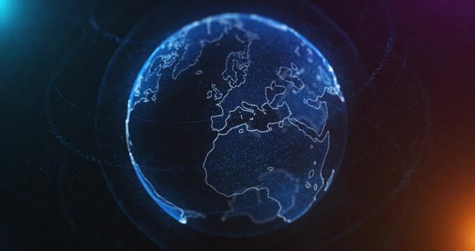 Luminous earth with particles and lines moving around it on blue. Connection and technology concept. I made this video with 3d program, using its 3d animation features. Seamless looping 4k