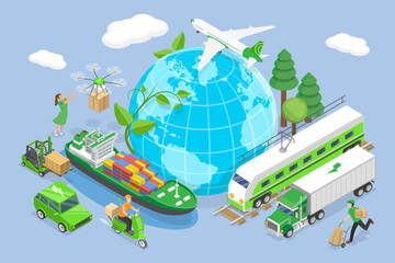 Fototapeta na wymiar 3D Isometric Flat Vector Illustration of Green Logistics, Eco-Friendly Logistics And Sustainable Delivery Concept