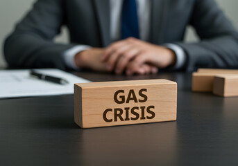Gas crisis concept business man and wooden block on desk global energy shortage and economic impact analysis