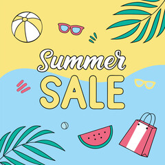 Summer Sale Illustration with Beach Ball Watermelon and Shopping Bag
