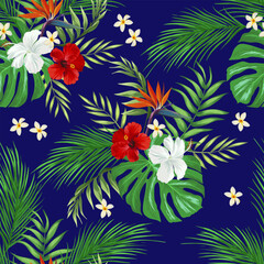 Summer vector pattern in tropical style. Seamless botanical print for textile, print, fabric. Floral background. Jungle illustration	
