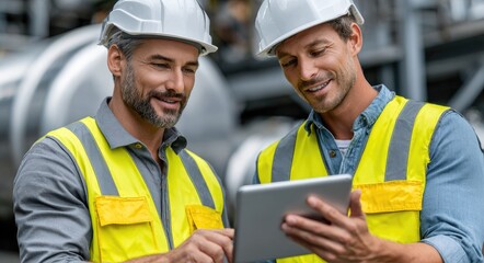 Obraz premium Two engineers wearing yellow safety vests and white helmets, standing in front of a large circular steel tank in a factory hall.