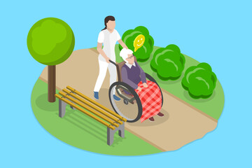 Fototapeta na wymiar 3D Isometric Flat Vector Illustration of Elderly Care, Caring For Disabled Elderly Individuals