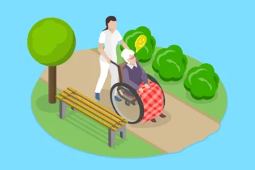 Fotobehang 3D Isometric Flat Vector Illustration of Elderly Care, Caring For Disabled Elderly Individuals © TarikVision