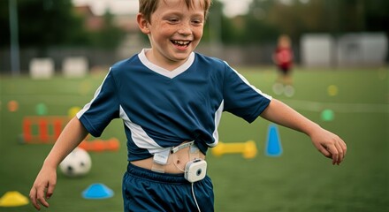 Smiling young boy with insulin pump clipped to waistband plays soccer in blue uniform