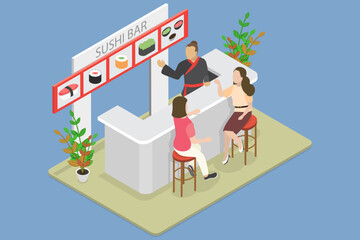 3D Isometric Flat Vector Illustration of Sushi Bar, Dining On Authentic Japanese Cuisine