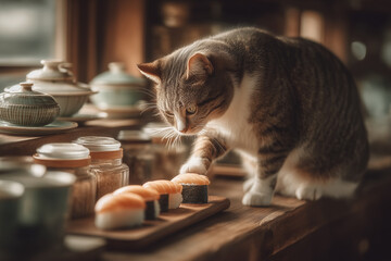 a cat that is eating sushi