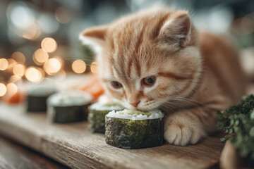 a cat that is eating sushi
