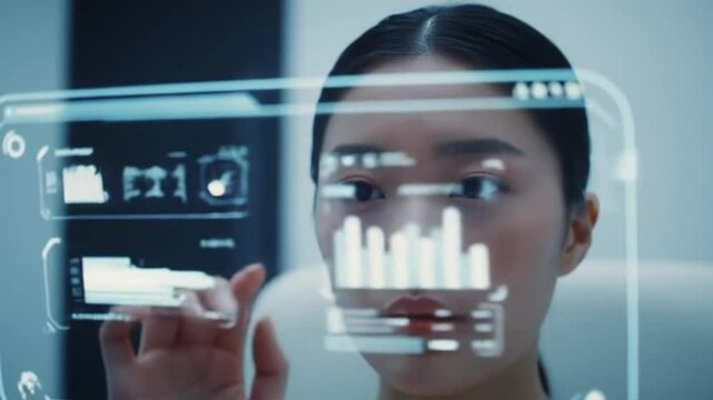 young girl using transparent screen computer