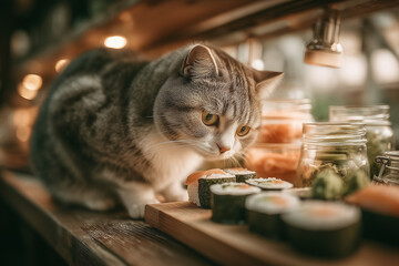 a cat that is eating sushi