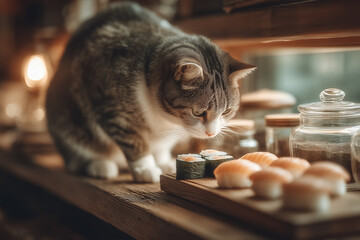 a cat that is eating sushi