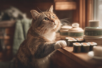 a cat that is eating sushi