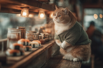 a cat that is eating sushi