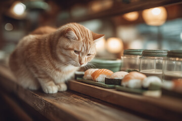 a cat that is eating sushi