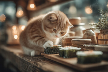 a cat that is eating sushi