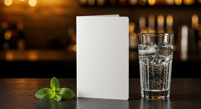 Blank Menu Mockup with Sparkling Water on Bar Counter